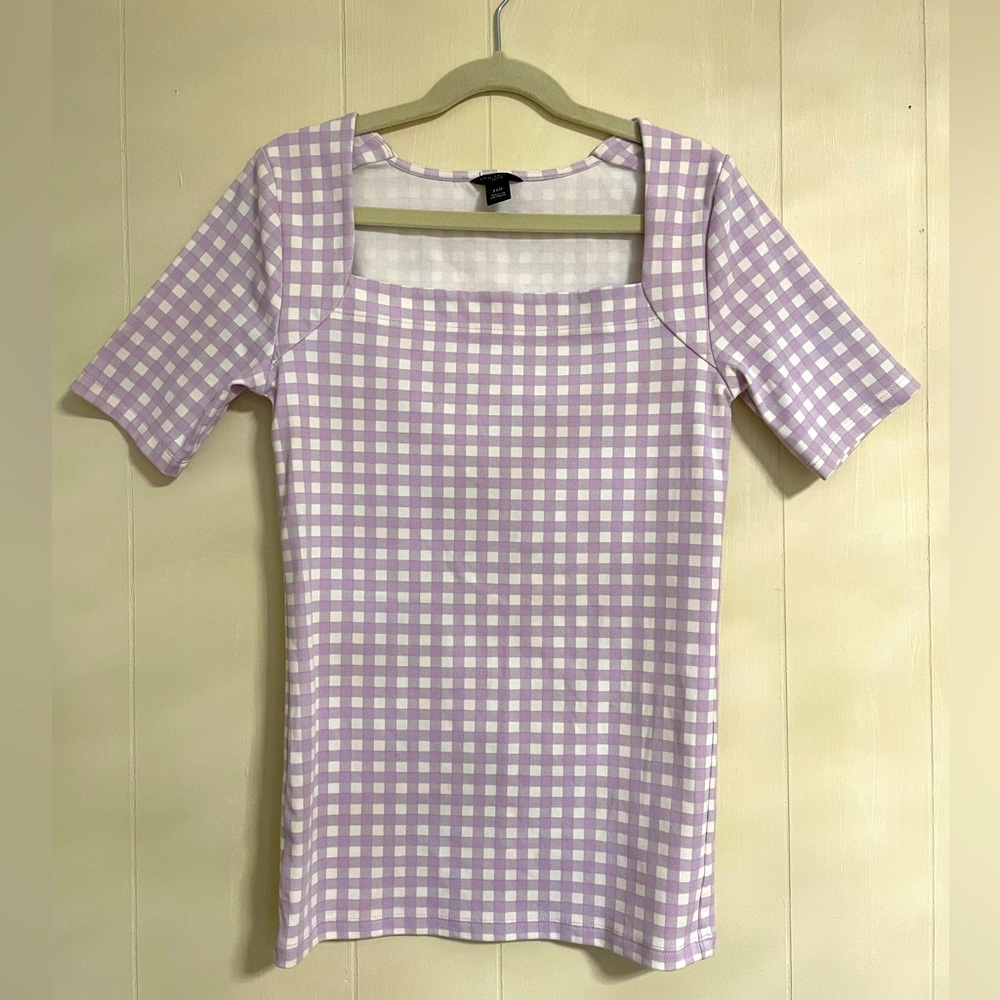 Anne Taylor Gingham lavender and white square neck top